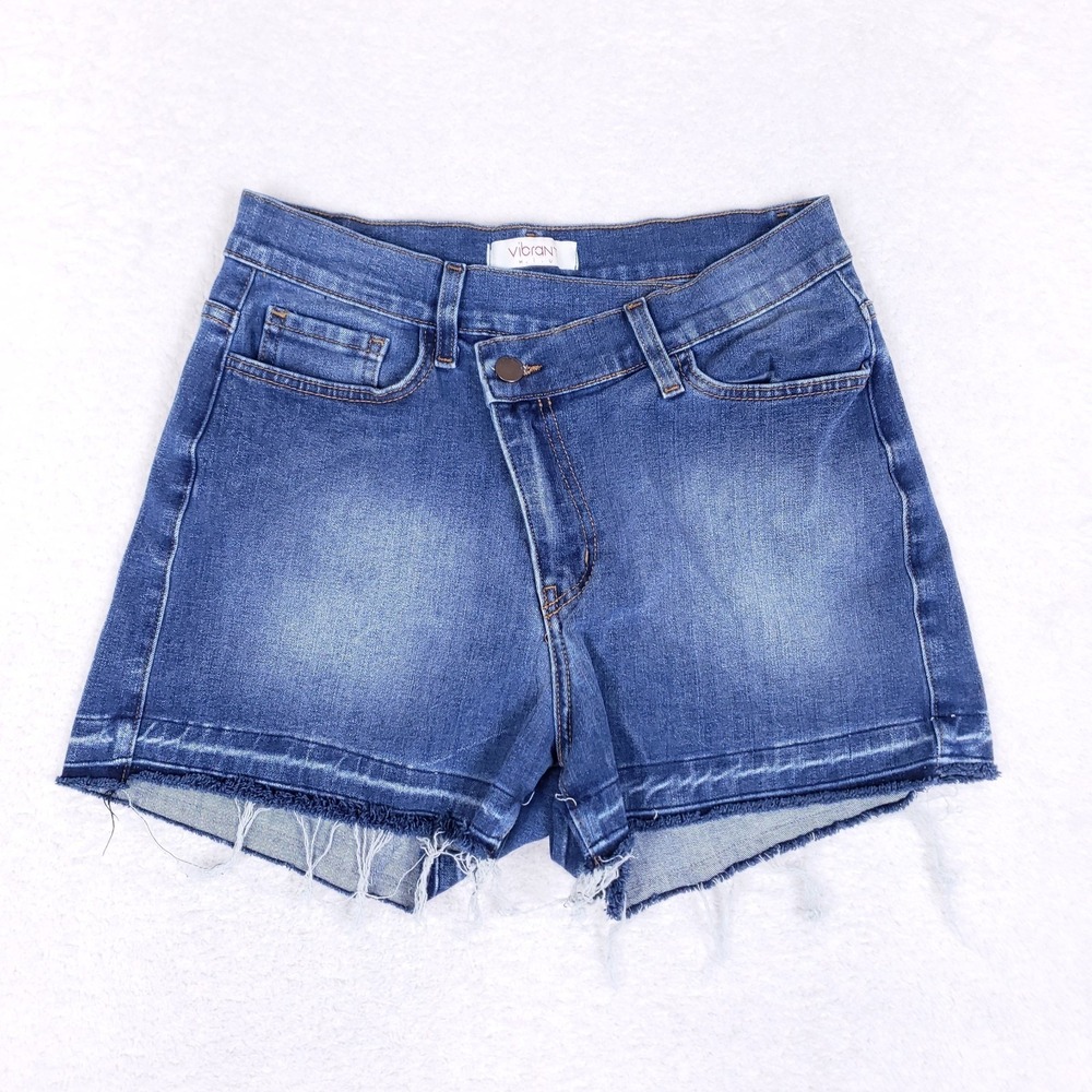 Vibrant MIU Womens Crossover Waist Denim Shorts Medium Wash Blue Raw Hem Size M